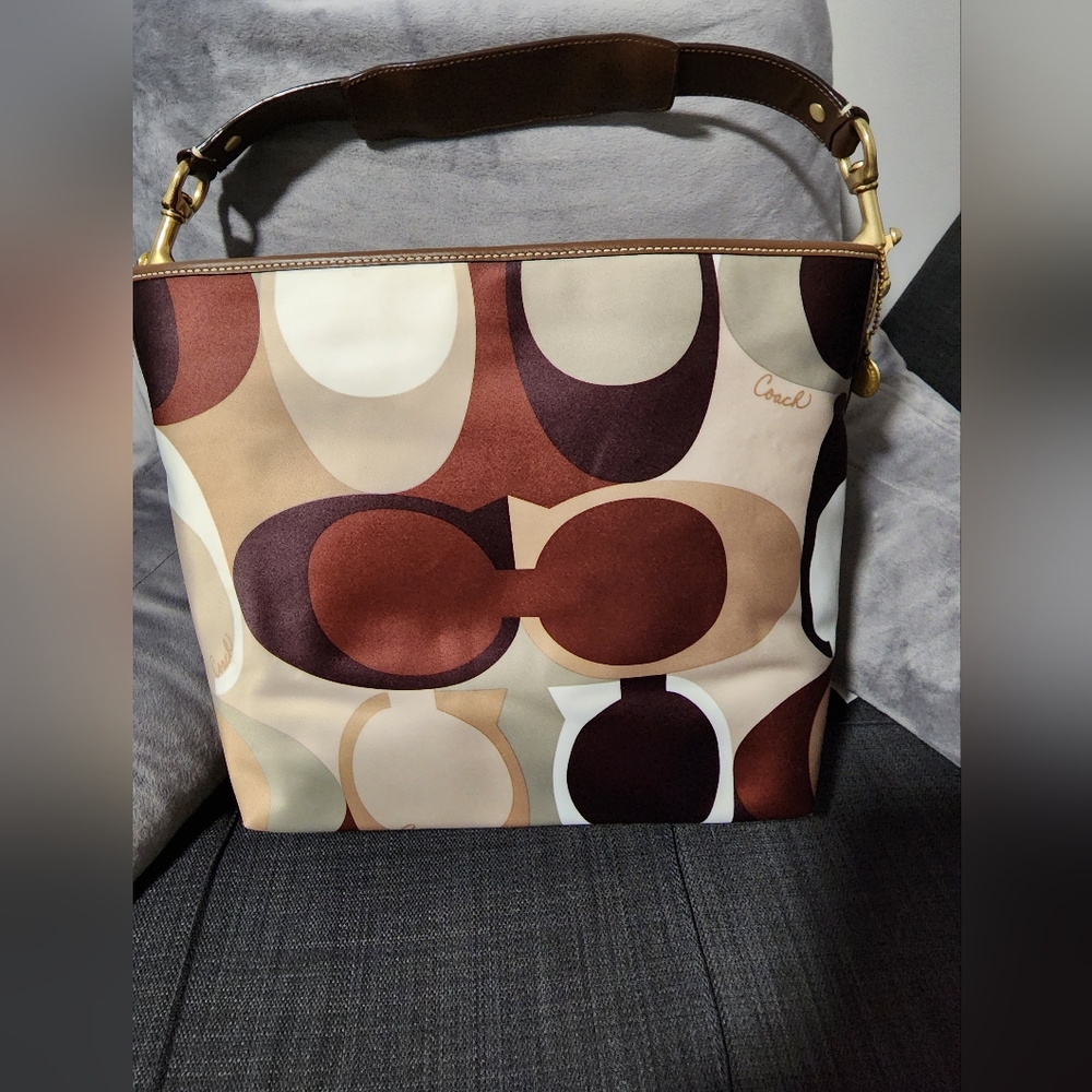 Coach Green/Brown Scarf Print Multicolor Signature purse.